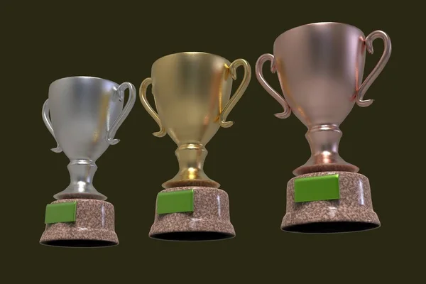 Golden Trophy Cups Rendering Isolated Black Background — Stock Photo, Image