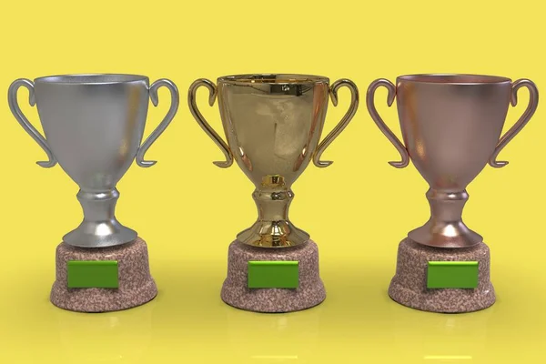 Copas Trofeo Oro Representación Sobre Fondo Amarillo — Foto de Stock