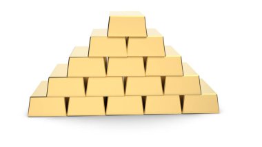 Altın külçelerini piramit 3d render beyaz arka plan üzerinde izole