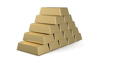 Altın külçelerini piramit 3d render beyaz arka plan üzerinde izole