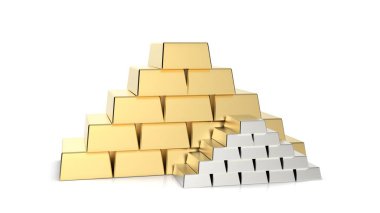 Altın ve gümüş çubuklar piramit 3d render beyaz arka plan üzerinde izole