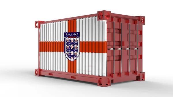 Rendering Eines Frachtcontainers Mit Englischer Flagge Auf Weißem Hintergrund — Stockfoto