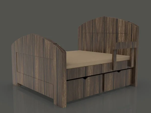 Drewniane Łóżko Materacem Renderowania Szarym Tle — Zdjęcie stockowe
