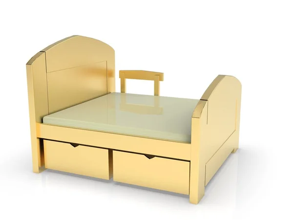 带床垫3D 渲染的金色床在白色背景上被隔离 — 图库照片