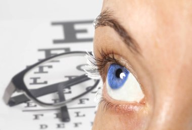 Kadın göz görme yeteneği üzerinde test grafik gözlük closeup ile