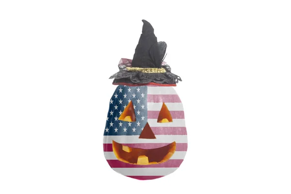 Halloween Pumpkin with USA flag and witch black hat isolated on white background