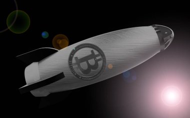 Siyah arka plan üzerine bitcoin işareti 3d çizim ile roket