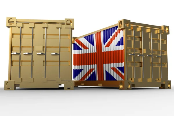 Vykreslování Přepravních Kontejnerech Britskou Vlajkou Izolovaných Bílém Pozadí — Stock fotografie