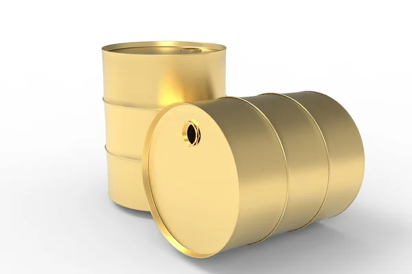 Два золотих металевих промислових нафтових барелів 3D рендерингу — стокове фото