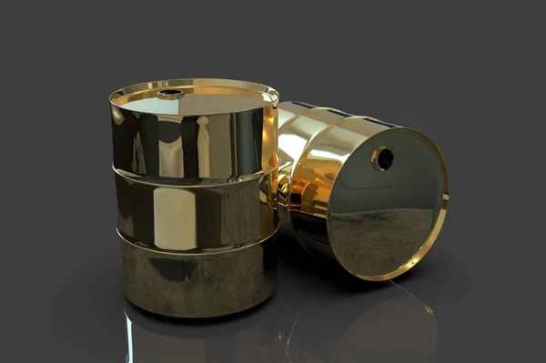 Два Golden Metal Industrial Oil Barrels Рендеринг Изолирован Черном Фоне — стоковое фото