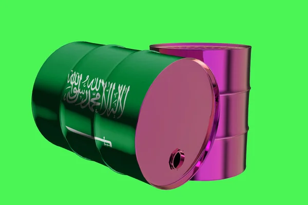Две металлические промышленные нефтяные бочки с флагом Королевства Саудовской Аравии 3D рендеринг — стоковое фото