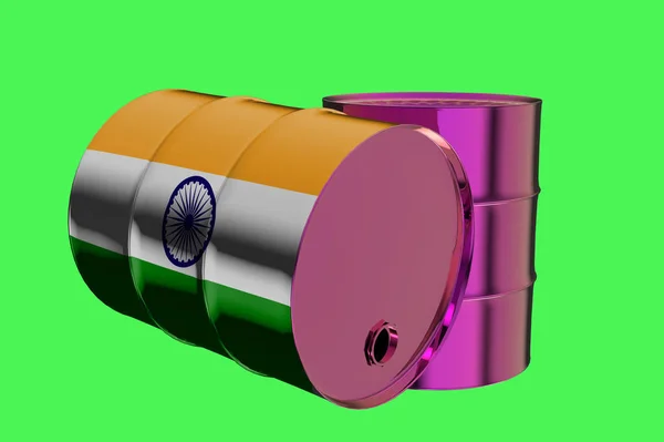Dwa metalowe przemysłowych baryłek ropy z flagi Indii renderowania 3d — Zdjęcie stockowe