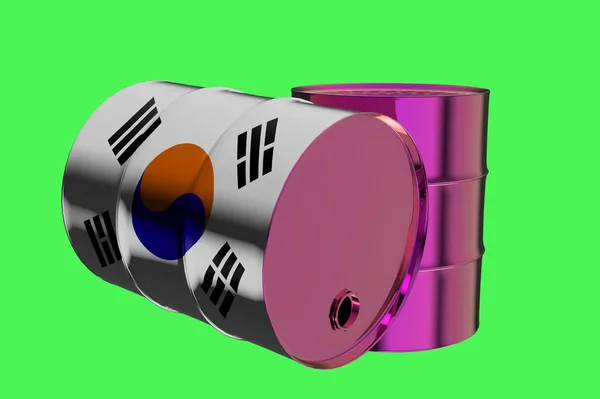 Due barili di olio industriale in metallo con rendering 3D della bandiera della Corea del Sud — Foto Stock