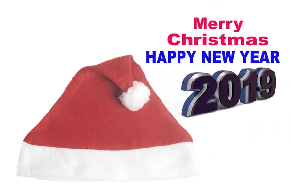 Tarjeta Felicitación Feliz Navidad 2019 Con Sombrero Navidad Aislado Sobre —  Fotos de Stock