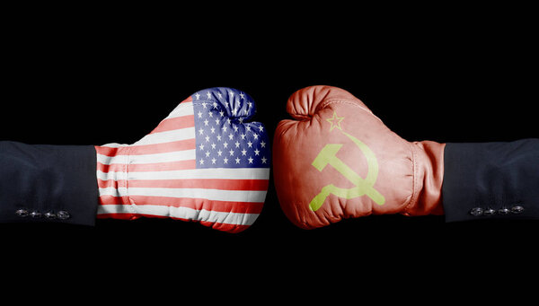 United States of America against USSR boxing gloves, USA vs. USSR concept isolated on black