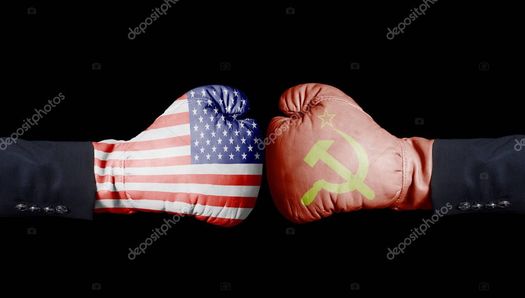 United States of America against USSR boxing gloves, USA vs. USSR concept isolated on black