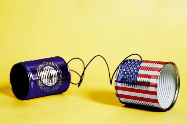 ブリキ缶電話アメリカ ケンタッキー州の米国の状態フラグ 黄色の通信の概念 — ストック写真
