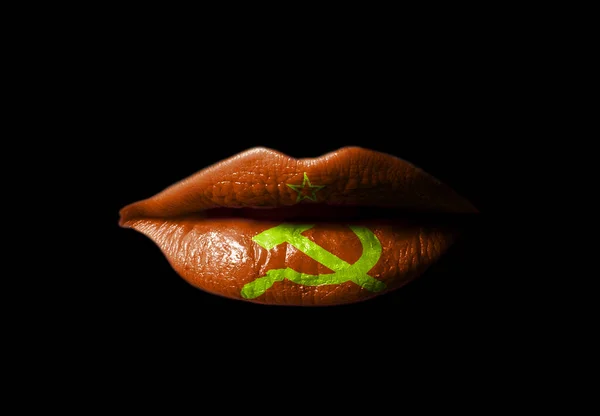 Lippen Met Vlag Van Sovjet Unie Geïsoleerd Zwart — Stockfoto