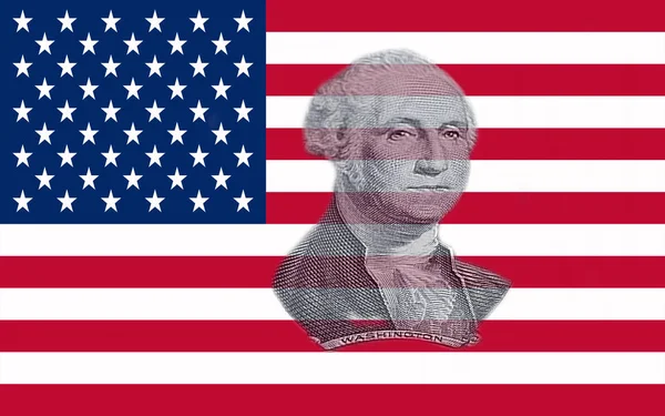 Σημαία Closeup Των Ηνωμένων Πολιτειών Της Αμερικής Πορτρέτο George Ουάσιγκτον — Φωτογραφία Αρχείου