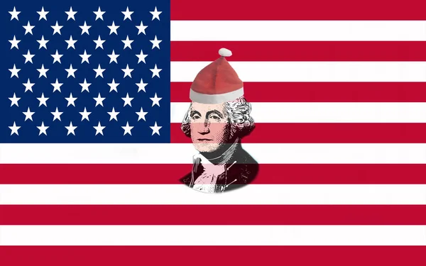 Крупним Планом Сша Прапор Портретом Джорджа Вашингтона Різдво Санта Клауса — стокове фото