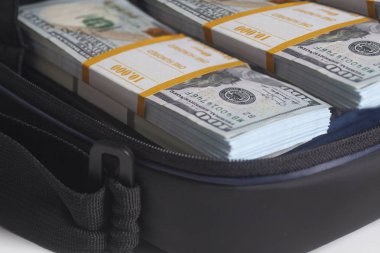 Yığınlar açık evrak çantası ile yüz dolar faturaları