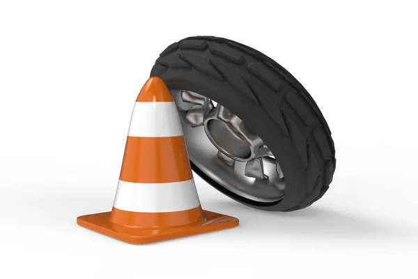Rueda del coche con el cono de tráfico 3D renderizado — Foto de Stock