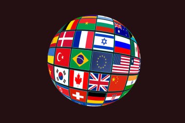 Siyah arka planda izole edilmiş dünya bayrakları olan küre
