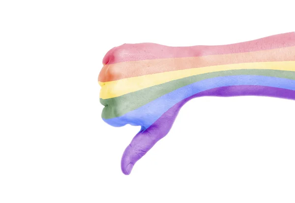 Duim naar beneden mannelijke hand teken met LGBT vlag — Stockfoto
