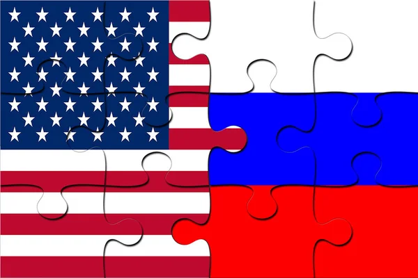 EE.UU. bandera y bandera rusa rompecabezas piezas, EE.UU. Rusia concepto de asociación — Foto de Stock