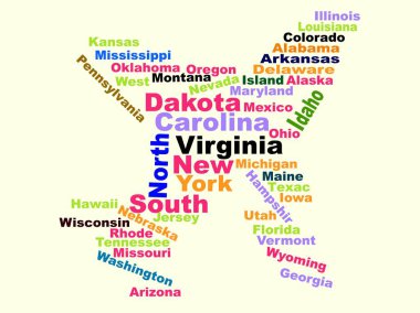 Sözcük bulutu uçak yolculuğu kavramı tüm ABD eyaletlerinin isimleriyle yapılır.