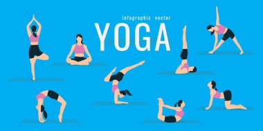 Kadın fitness ve yoga egzersizleri yapıyor. Lunges ve ağız kavgası. Etkin ve sağlıklı bir hayat kavramı. vektör çizim. mavi arka plan üzerinde. spor yaparken kız simgeleri
