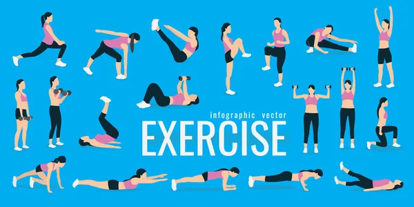 Egzersizleri. ince kadın fitness egzersiz yapıyor kostüm. Etkin ve sağlıklı bir hayat kavramı. vektör çizim. mavi arka plan üzerinde. spor yaparken kız simgeleri