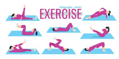 Egzersizleri. ince kadın fitness egzersiz yapıyor kostüm. Etkin ve sağlıklı bir hayat kavramı. vektör çizim. mavi arka plan üzerinde. spor yaparken kız simgeleri