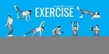 Egzersizleri. ince kadın fitness egzersiz yapıyor kostüm. Etkin ve sağlıklı bir hayat kavramı. vektör çizim. mavi arka plan üzerinde. spor yaparken kız simgeleri