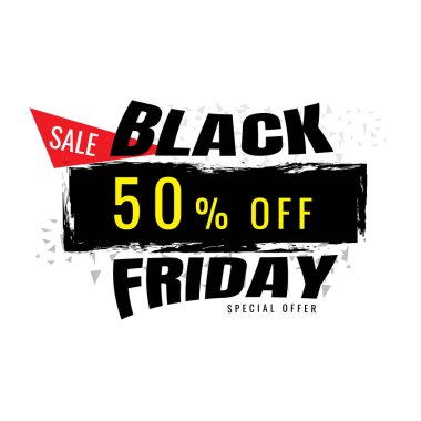 Siyah Cuma satış afiş/banner üzerinden grunge fırça boyalı indirim beyaz arka plan üzerinde % 50 dokulu. vektör. afiş. İş
