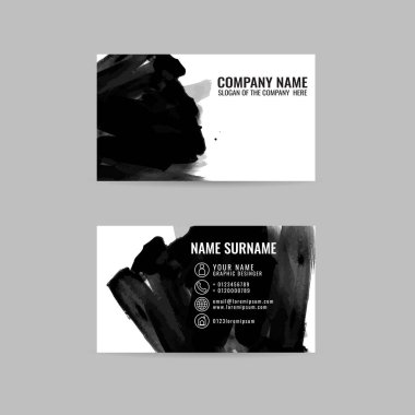 Kartvizit şablonu el ile fırça darbeleriyle çizdi. siyah mürekkep vuruşları, vektör eps 10. gri arka plan üzerinde