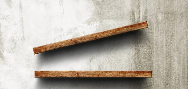 Tuğla duvar ahşap rafta. Cilalı çimento zemin. doku arka plan. Mobilya