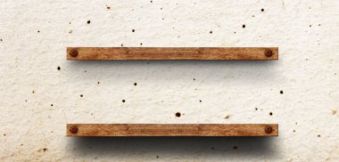 Tuğla duvar ahşap rafta. Cilalı çimento zemin. doku arka plan. Mobilya