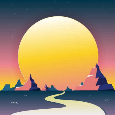 Vector illustration - nature in a Desert with the Mountain Great Scenery. Road path.  art.  background