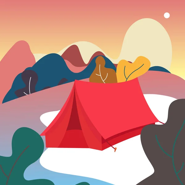 Vectorillustratie Tent Van Camping Zicht Bergen Bladeren Natuur Bos Achtergrond — Stockvector