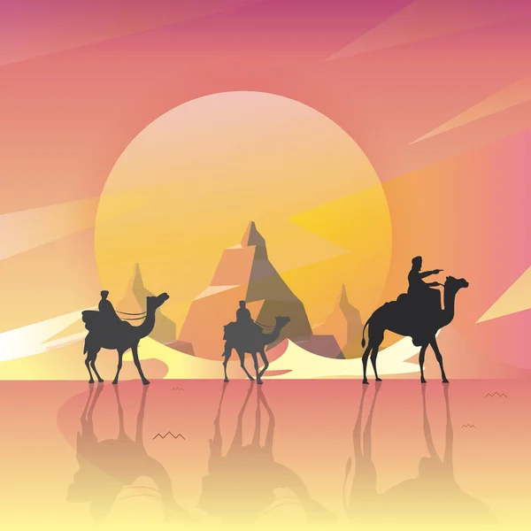 Vector Illustration Camels Desert Night Moon Mountain Great Scenery Art — Wektor stockowy