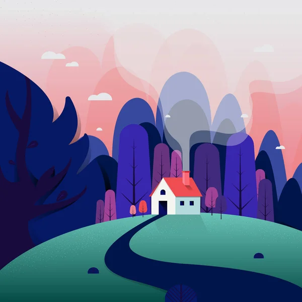 Kırsal manzara. Banliyö geleneksel ev. Aile ev. Vektör