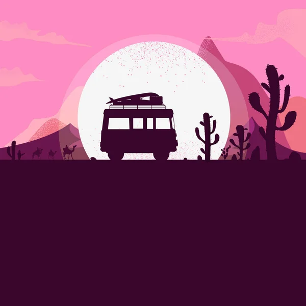 Podróż letnia wycieczka po pustyni van jazdy na drodze na nig — Wektor stockowy