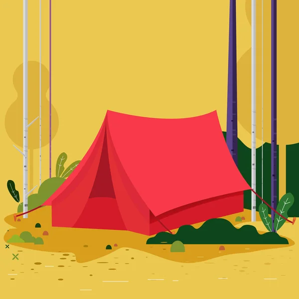 Vårtält. Sommarläger. Landskap med röd tältskog och MOU — Stock vektor