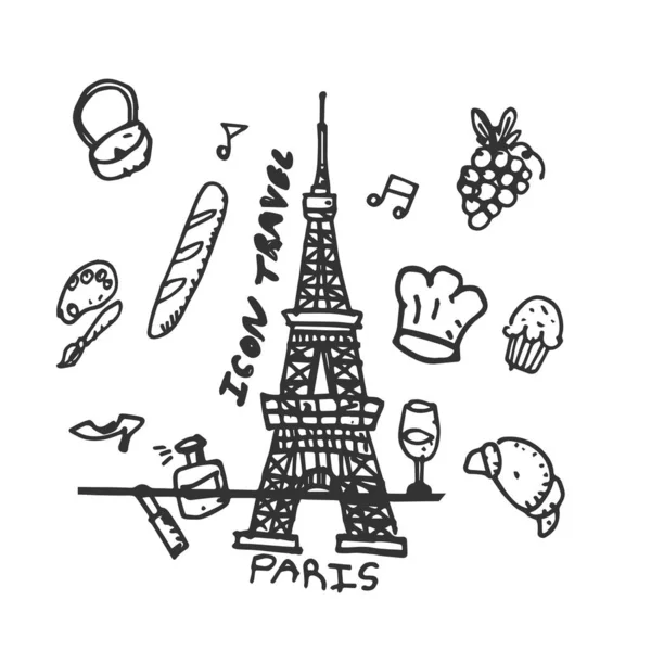 Set Paris objets dessinés à la main ou icônes isolés sur fond blanc — Image vectorielle