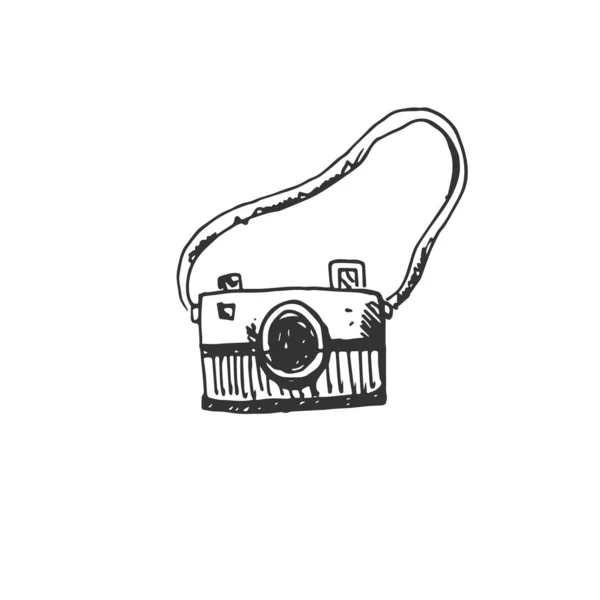 Mano dibujado icono de la cámara negro. sobre fondo blanco. vector Illust — Vector de stock