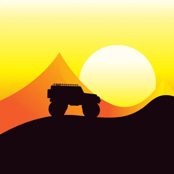 Samochód Jeep na pustyni, o zachodzie słońca. Na dachu przewozi swój bagaż. — Wektor stockowy