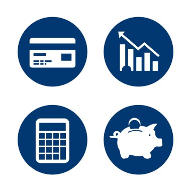 Vektör para avatarları hesap makinesi ile para simgeleri ve mavi renkli domuz kumbarası