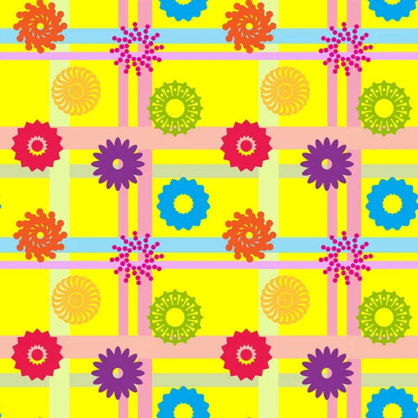 Çok renkli çiçek figürleriyle sarı parlak desen düz vektör.