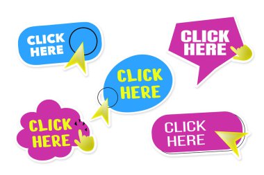 Çıkartma pembe ve mavi etiketleri buraya tıklayın ok etiketi düz vektör